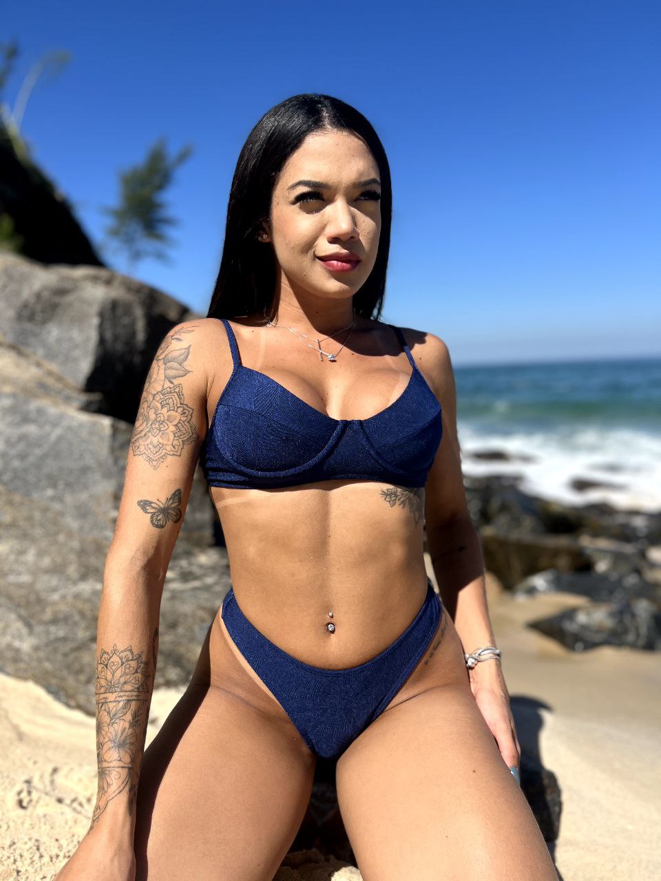 Conjunto Top Meia Taça + Calcinha Fio Duplo Azul Royal Texturizado