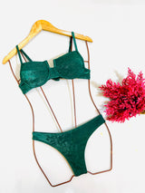 Conjunto Top Meia Taça Monique + Calcinha Asa Delta Verde Musgo Texturizado