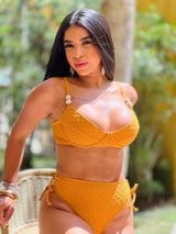 Conjunto Mustard Top Meia Taça + Calcinha Hot Pant Lacinho