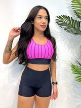 Conjunto Top Bia Nadador Rosa Listrado + Short Preto