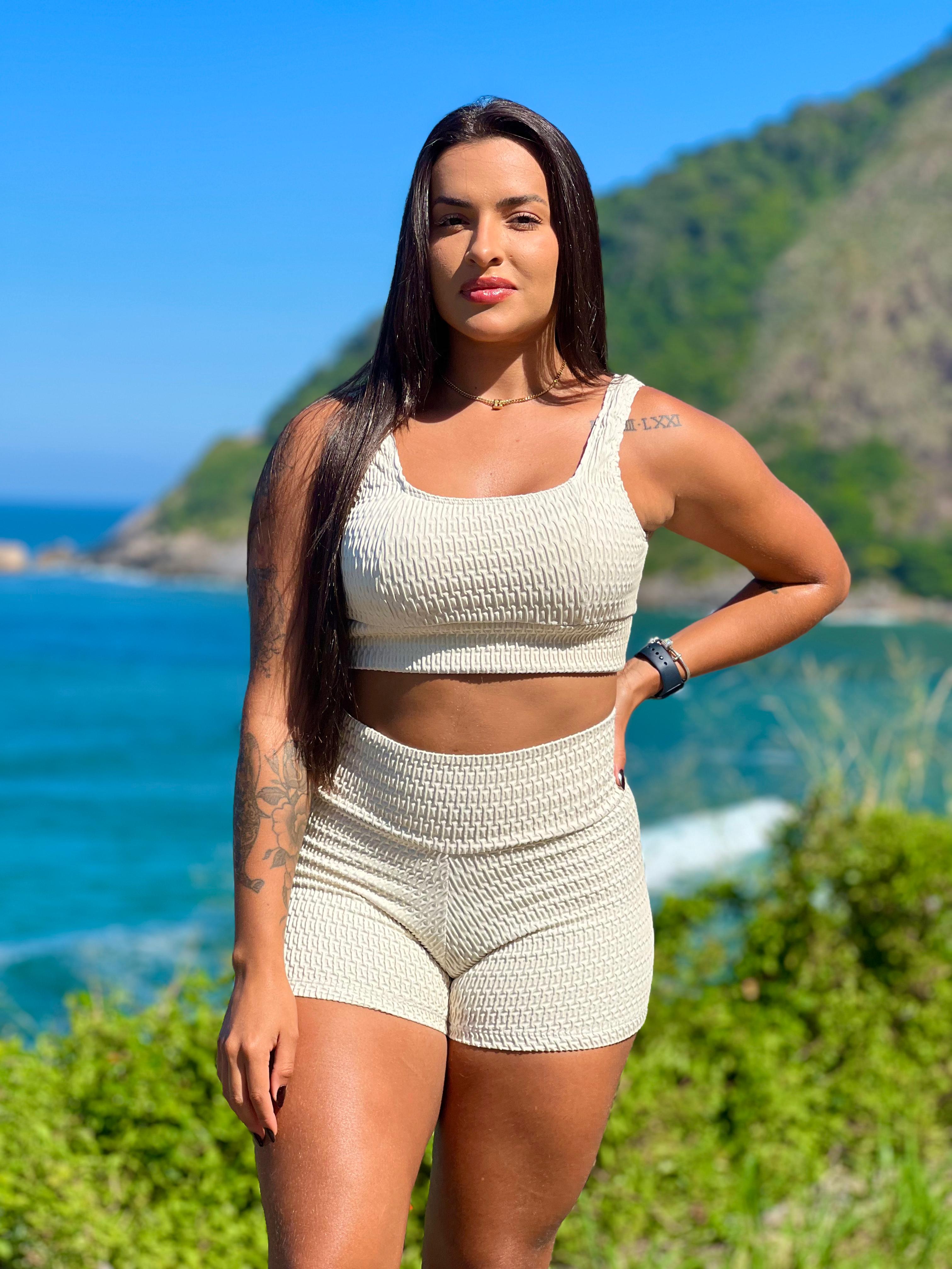 Conjunto Top Maitê + Short Off- White Texturizado