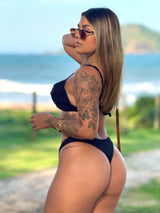 Conjunto Top Meia + Calcinha Asa Delta Texturizado Black