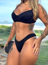 Conjunto Top Meia + Calcinha Asa Delta Texturizado Black