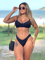 Conjunto Top Meia + Calcinha Asa Delta Texturizado Black